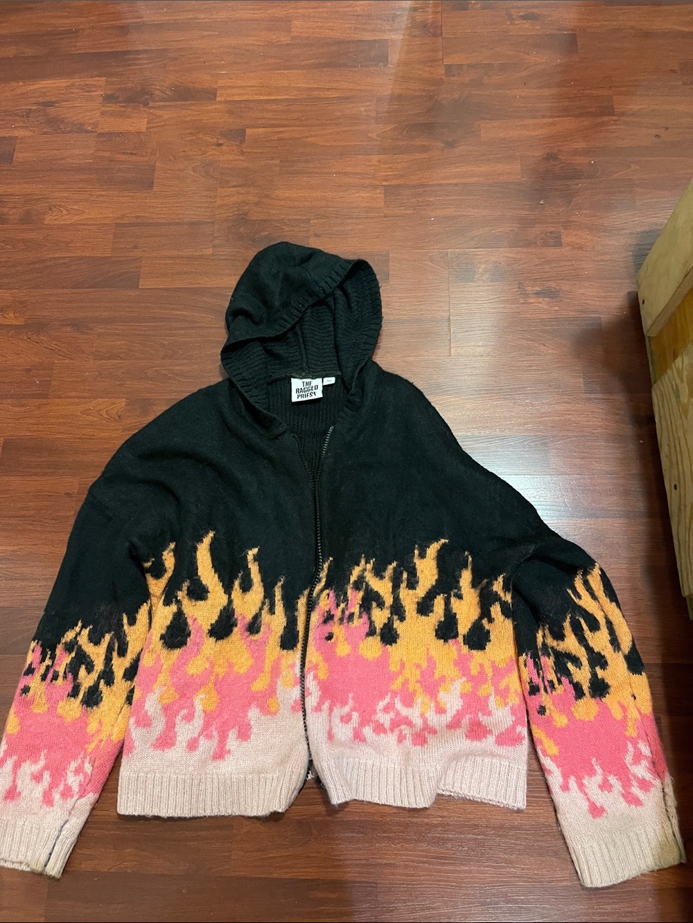 The Ragged Priest Black Zip Hoodie with Pink, Yellow & Cream Flame Motif